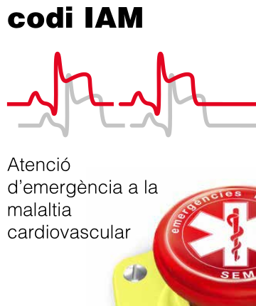 Extracte d'una part del tríptic del Codi IAM del SEM de Catalunya. A la part superior esquerra hi ha escrit el títol "codi IAM", per sota hi apareixen dos traçats electrocardiogràfics, un primer superposat en vermell i un segon en color gris desplaçat una mica avall i cap a la dreta. Aquests traçats ens mostren dos batecs complerts amb una elevació evident del segment ST. Ja ala meitat de la imatge i al costa esquerre ens hi apareix el subtítol "Atenció d'emergència a la malaltia cardiovascular". En el costat dret hi apareix una part d'un botó vermell, similar als d'apagada d'emergència de maquinària. En el centre d'aquest botó vermell hi veiem l'estrella de la vida amb el bastó d'Esculapi, símbol dels sistemes d'emergències mèdiques. Envoltant aquesta estrella hi ha un cercle prim, també blanc retolat amb el text, incomplert "emergències mèdiques SEM)
