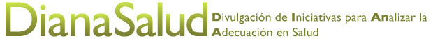 Captura de pantalla del títol del lloc web Dianasalud.com. Es veu el text "DianaSalud" en gran i en un degradat de color verd a la dreta. A l'esquerra d'aquest text hi ha l'explicació de l'acrònim DIANA "Divulgación de Iniciativas para ANalizar la Adecuación en salud"