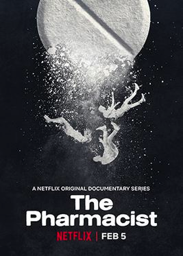 Pòster de la sèrie "The Pharmacist". Sobre un fons negre i la part superior hi ha una pastilla força gran que es va desfent per la seva part inferior. En la pols d'aquest comprimits, al mig del pòster, hi ha el dibuix de tres cossos humans caient al buit. A la part inferior del pòster hi ha el text promocional de la sèrie: "A NETFLIX ORIGINAL DOCUMENTARY SERIES
The Pharmacist
Netflix | Feb 5"