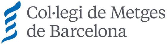 Logo del Col·legi de Metges de Barcelona. A l'esquerra del text que diu Col·legi de Metges de Barcelona hi ha traç espiral que simula la serp del bastó d'Esculapi