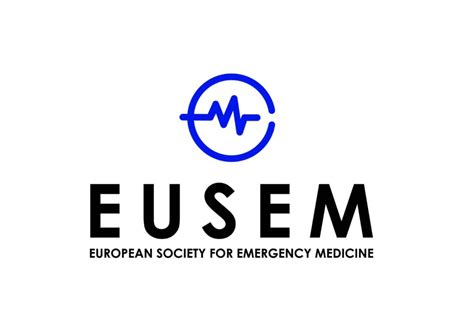 Logo de l'EUSEM, l'EUporean Society for Emergency Medicine.
A sobre del text hi ha un circumferència blava amb una petita obertura a la dreta. Una línia d'electrocardiografia travessa aquesta circumferència