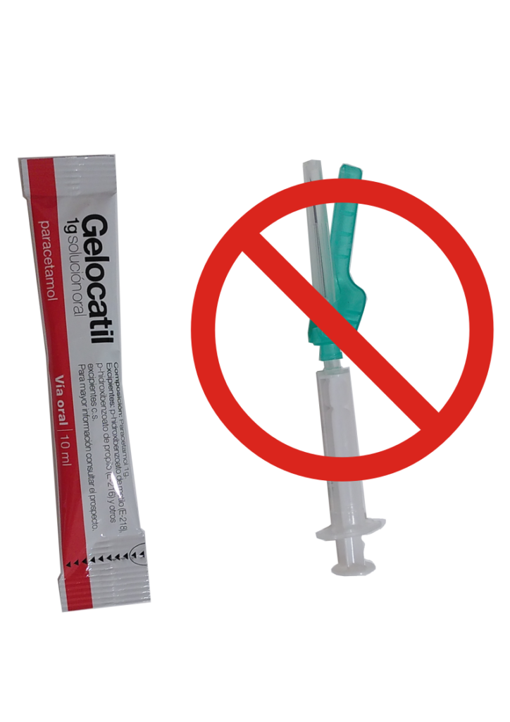 Sobre de paracetamol 1g en solució aquosa al costat d'una xeringa intramuscular marcada amb un senyal de prohibició