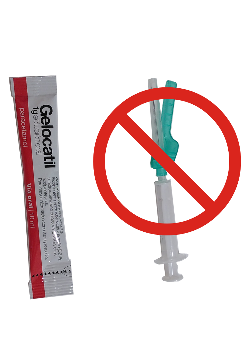 Sobre de paracetamol 1g en solució aquosa al costat d'una xeringa intramuscular marcada amb un senyal de prohibició