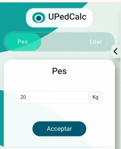 Captura de pàgina d'entrada de l'aplicació webapp UPedCalc. Sota el títol hi ha una barra de desplaçament on pots triar pes o edat. Hi ha un quadre sota on anotar el número i finalment un botó d'acceptar