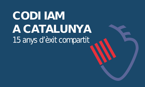 Logo celebració del quinzè aniversasri del Codi IAM de Catalunya. A la dreta una silueta d'un cor amb les quatre barres, a l'esquerra el títol "CODI IAM A CATALUNYA" i el subtítol "15 anys d'èxit comparti"