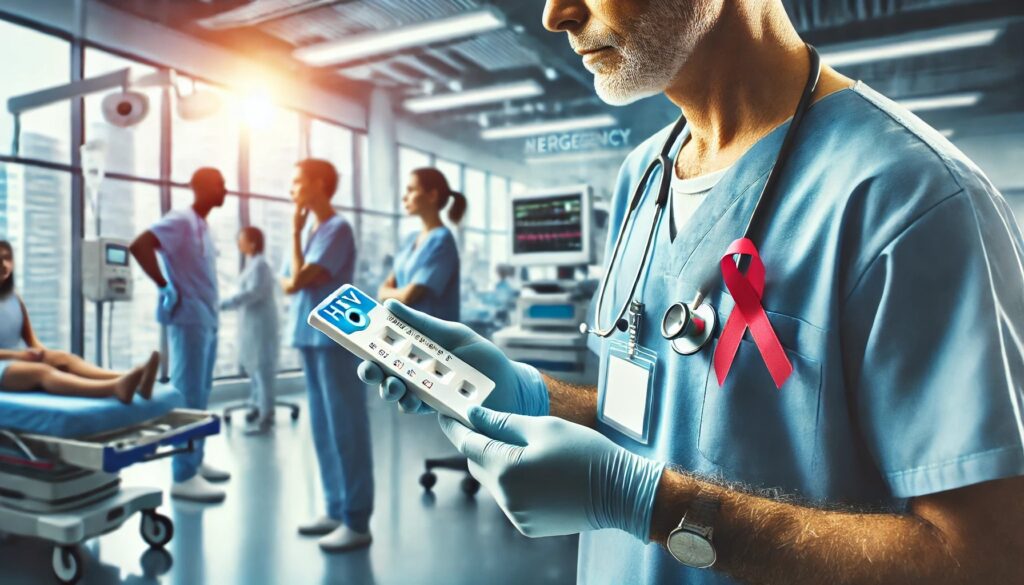 Imatge generada per IA que mostra un sanitari amb un llaç lila observant un test de VIH