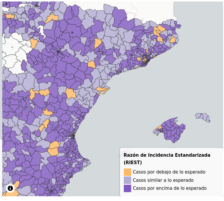 Captura de pantalla de l'atles d'hospitalitzacions evitables, centrat en els països catalans. S'hi veuen moltes regions geogràfiques de diversos colors en funció de resultats