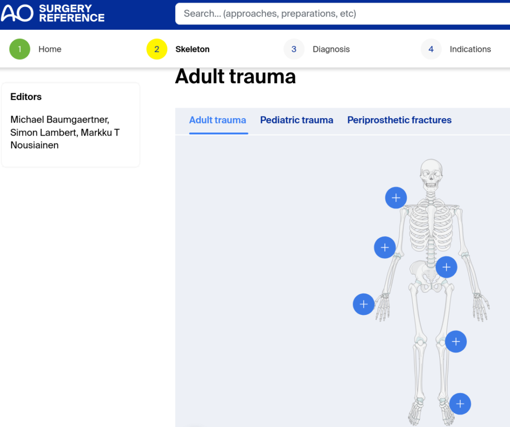 Captura de pantalla del lloc web Surgery Reference de la AO foundation. Hi podem veure un esquelet en què podem seleccionar diferents parts òssies