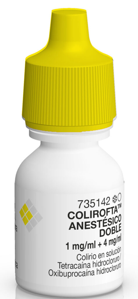 Ampolla de col·liri anestèsic. L'ampolla de plàstic és blanca amb el tap groc Retolada com a Colirofta Anestésico Doble