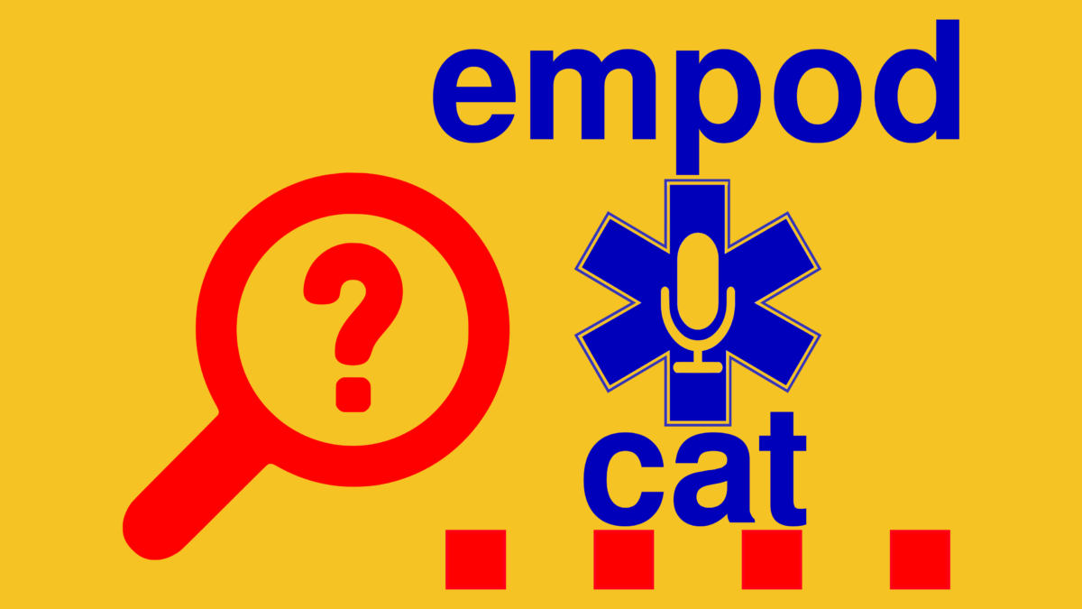 Logo de l'EMPodCas, sobre el logo original de l'EMPodCat, -un fons groc amb el text empod sobre l'estrella de la vida amb un micro al mig i el text cat sota l'estrella i quatre quadrats vermells simulant les quatre barres- hi ha una lupa amb un interrogant al mig